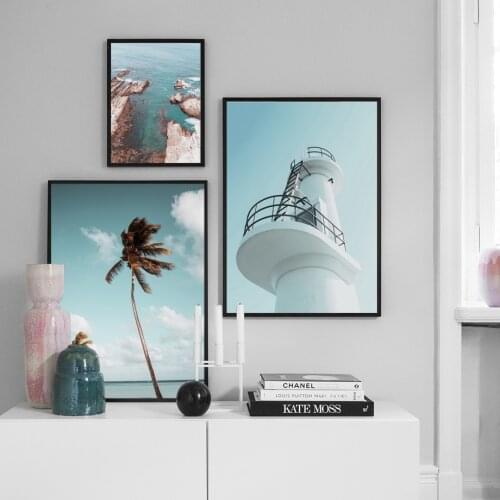 Nordic Summer Seascape Poster Palm Tree Pigeon Lookout Terrace Canvas Painting Decorative Pictures On The Wall Aesthetic Decor