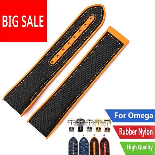 CARLYWEY 20 22mm Orange Black Rubber Silicone With Nylon Replacement Watch Band Strap For Omega Planet Ocean 45 42mm With Clasp