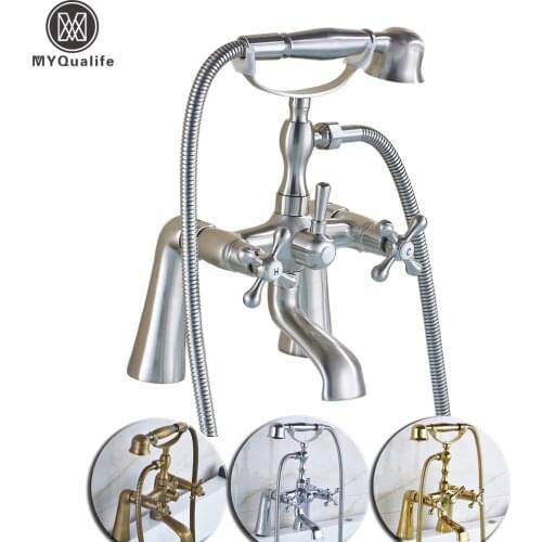 Deck Mounted Two Handle Bathtub Sink Faucet Telephone Deck Standing Dual Hole Bathtub Mixer with Handshower Head