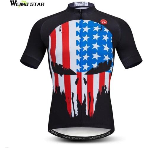 Weimostar Mens Skull America Flag Cycling Jersey Shirt Short Sleeve MTB Bike Jersey Tops Polyester Racing Summer Bicycle Wear