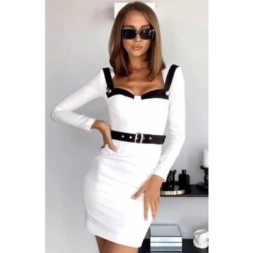 Women Spring Sexy Long Sleeve V Neck Button Belt White Mini Bodycon Bandage Dress 2021 Elegant Evening Party Dress Vestidos