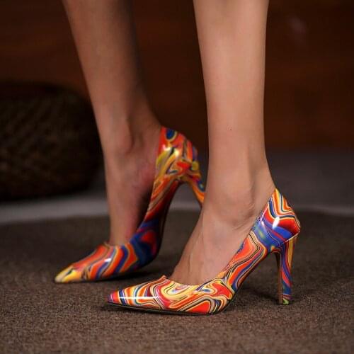 Women Pumps Ladies Sandals 2021 New Oil Painting Pattern Mirror Female High Heels Large Size Stiletto Pointed Toe Ladies Shoes