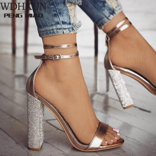 Women Gold Rhinestone Ankle Strap High Heels Sandals Shoes Ladies Sexy Wedding Party Dress Thich Heels Summer Sandals Shoes