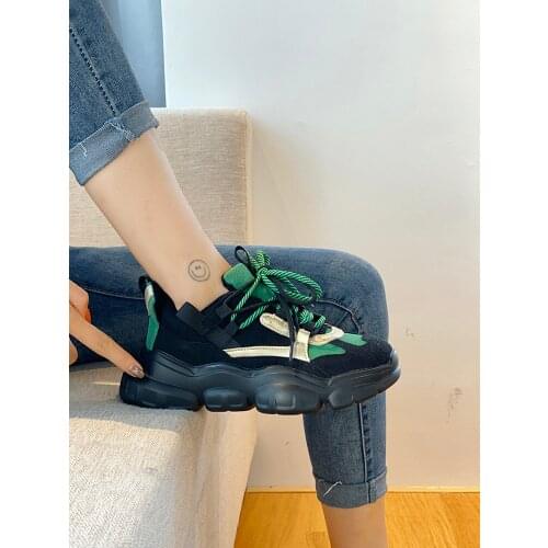 2019 autumn and winter new suede color matching lace-up casual shoes trend student sneakers thick bottom womens shoes