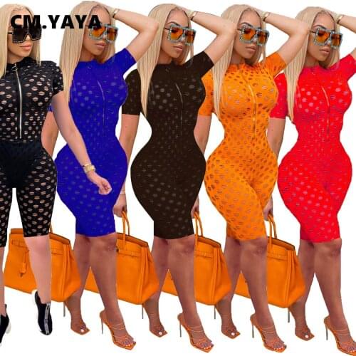 CM.YAYA Women Playsuits Solid Hole See-through Zipper Short Sleeve Sheath Elastic Playsuit Female Summer Casual Streetwear 2021