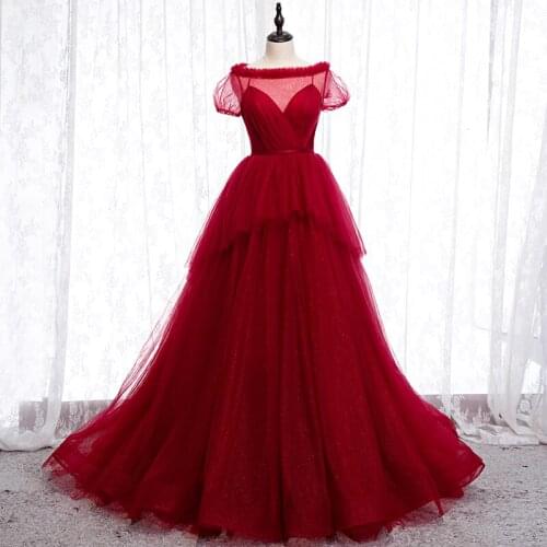 Bespoke Occasion Dresses O-Neck Short Lace Tulle Luxury Burgundy Backless Train Pleat Elegant Women Formal Evening Gown HB270