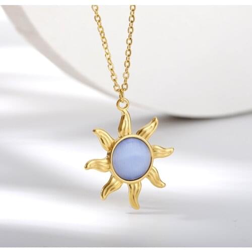 Vintage Opal Sun Necklaces For Women Stainless Steel Gold Sun Flower Pendant Necklace Accessories Jewelry Charm Choker Bijoux