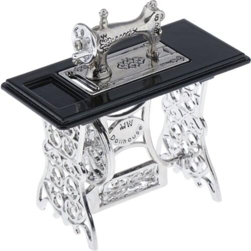 1/12 Alloy Sewing Machine Worktable Set for Doll House Bedroom or Living Room Decor, Kids Pretend Play Toy