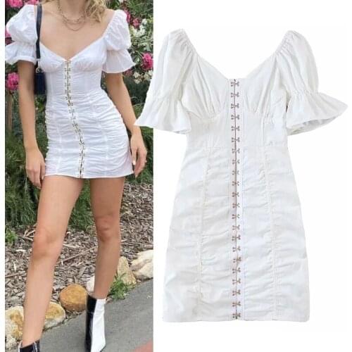 2021 Summer Retro Boho V-neck Short Sleeve Mini Sexy White Women Dress Elegant Draped Puff Sleeve Casual Beach Dresses Robe