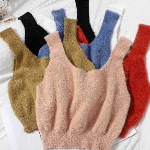 2021 Spring Autumn Women Fashion Soft Mohair Knitting Tank Crop Tops Girls Knitted Camisole Solid Sweater Pullovers