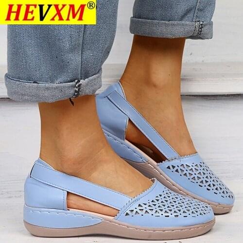 2021 Spring Summer Women Flat Shoes Plus Size Shallow Hollow Out Low Heel PU Loafers Casual Pointed Tod Slip On Solid Breathable