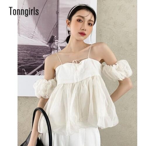 Tonngirls Off Shoulder Blouse Women Elegant Designer Short Sleeve Puff Sleeve Shirts For Women Fashion Vintage Ladies Tops Chic