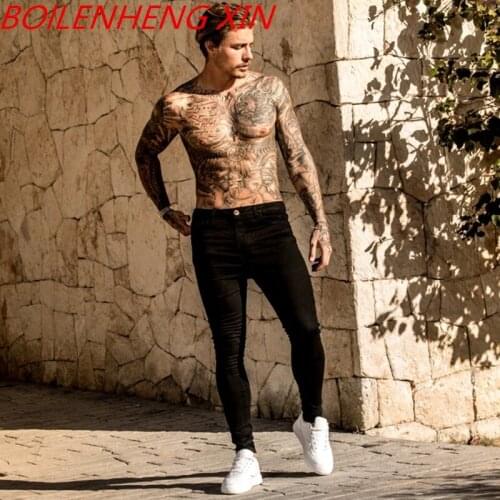 2021 Summer Men Pure Color Slim Jeans Heavy Wash Small Leg Openning Stretchable Fabric Vintage Male Denim Pants