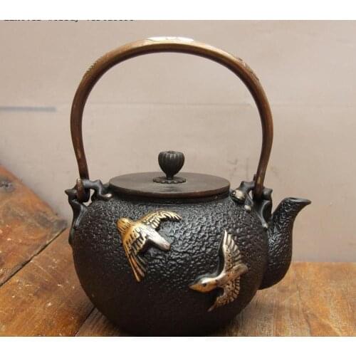 Jepanese Iron Silver Gilt Bird Gecko Chrysanthemum Water Bottle TeaPot Teakettle