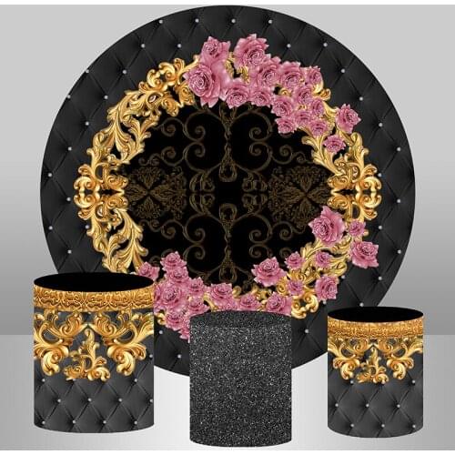 Black and Gold Arabesco Floral theme Background Custom Adult Birthday Party Round Backdrop Cover Cake Table Banner Elastic