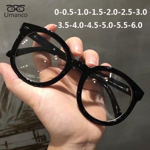 Umanco Big Size Round Black Myopia Glasses for Women Men Plastic Optical Frame AC Lens Computer Eyewear -0.5 to -6.0 Diopter