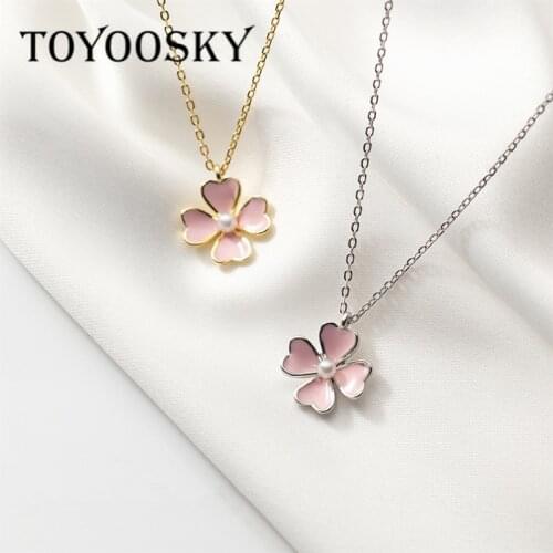 TOYOOSKY Elegant Delicate Jewelry 925 Sterling Silver Pearl Flower Necklace Pink Plant Necklaces Fine Jewelry Girl Gift Wholesal