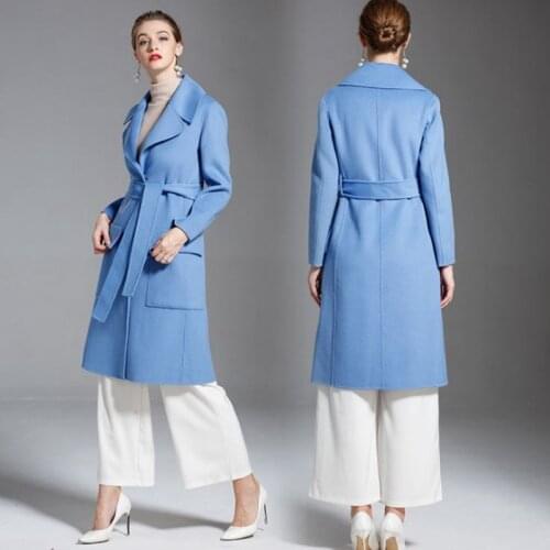 Woolen Female Double faced Wool Overcoat V-neck Waistband Coats With Belt topcoat Winter Big pocket coat Long Medium Overcoat