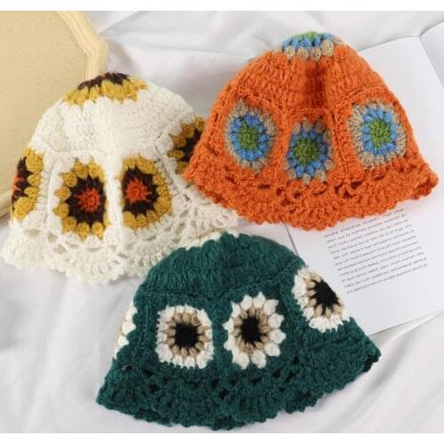 2021 New Summer Cute Hollow Knitted Fisherman Hat Lady Shade Breathable Embroidery Knitted Bucket Hat Lady Panama Hat