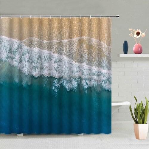 Ocean Beach Wave Shower Curtain Summer Natural Scenery Bathroom Screen Bathing Curtains Washable Home Decoration With Hooks Set