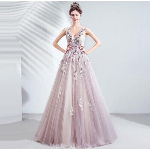 Evening Dresses Illusion A-Line V-Neck Sleeveless Appliques Crystal Beading Sequined Lace Tulle Pleat Women Formal Gown TS017