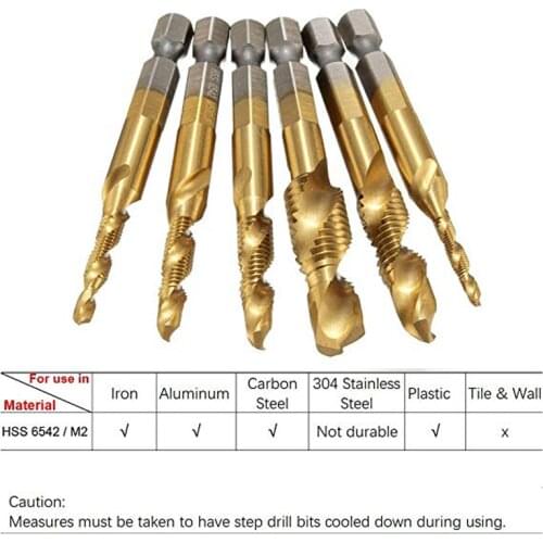 Titanium Coated High Speed Steel 6542 (M2) Metric 1/4 Hex Shank Spiral Flute 2-in1 Combination Drill and Tap Bit M3-M10 Tap Iron