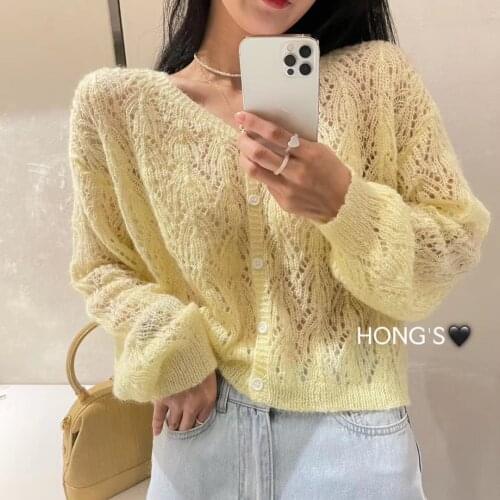 French mahhai hair lemon yellow hollow thin knitted cardigan 2021 new soft sweater jacket womens top