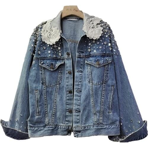 2021 Autumn Korean Diamonds Denim Jacket Coat Women Outwear Loose Lace Spliced Collar Long Sleeve Jeans Jacket Female Streetwear