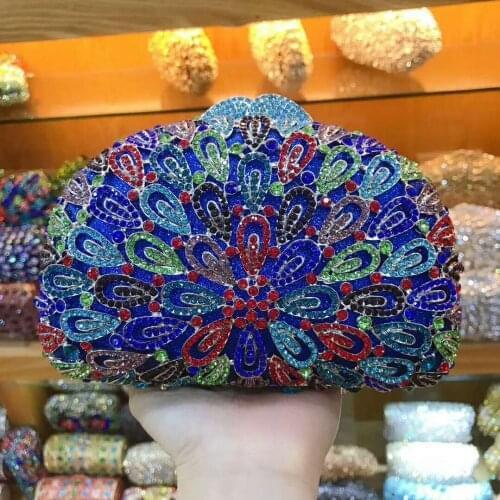 Female Crystal Rhinestone Flower Evening bag clutch Purse Gold Metal Women’s Party Wedding Clutch bag Female Dinner Purses blue