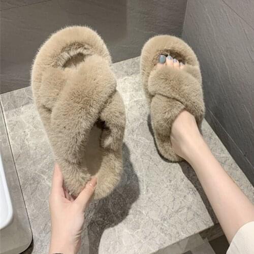 Winter Ladies Fur Slippers Open Toe Solid Plush Girls Shoes Home Women Fluffy Slides FashionComfortable Lightness Korean version