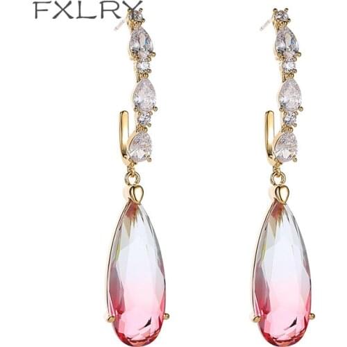 FXLRY Elegant Fashion Women Cubic Zirconia Waterdrop Dangle Earrings Creative Party Earrings Bridal Jewelry