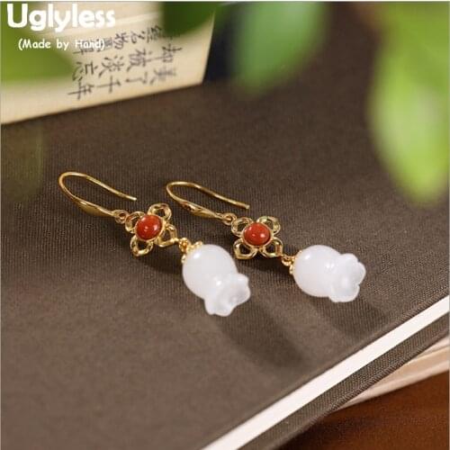 Uglyless Natural Jade Lily of the valley Earrings for Women Elegant Floral Dangle Earrings Agate Clover Brincos Jewelry E1781