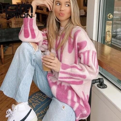 OMCHION Top Femme 2021 New O Neck Korean Fashion Tie Dye Print Long Sweater Women Casual Loose Oversized Pullover Jumper BT75