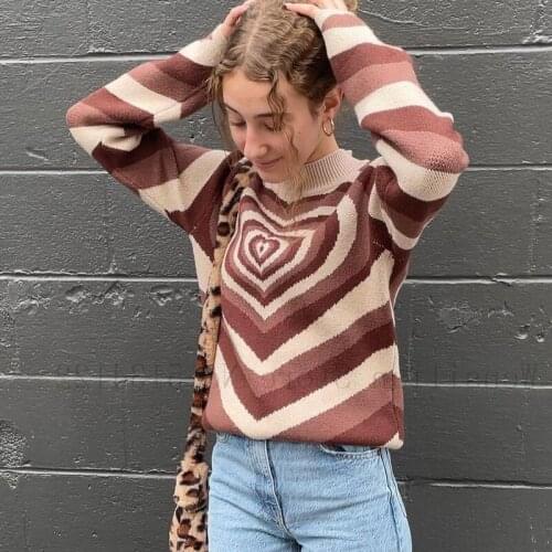 Y2K Sweater Womens Heart Striped Sweet Long Sleeve Streetwear pulrs 90s Aesthetics Pink Knitwear Tops 2021 Crop T-shirt E-girl