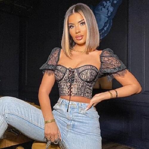 Cryptographic Lace Up Black Sexy Backless Corset Tops and Blouses Lace Short Sleeve Crop Tops Shirts Women Blouses Party Club