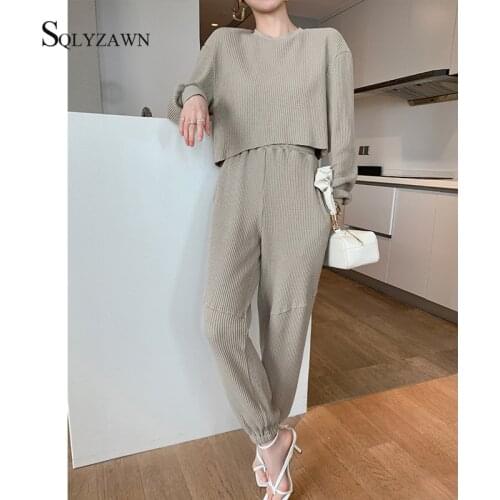 100% Cotton Knitted Sporty Sweatsuit Women Summer Autum Fashion Breathable Sweatshirt + Harem Pants Outfits Casual Office Lady
