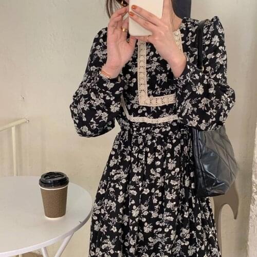 2021 Women French Retro Dress O-Neck Printing Lace Loose Gentle Full Sleeves Elegant Long Chic Female Fashion Clothe