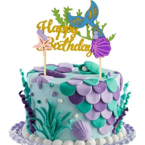 1Set Happy Birthday Mermaid Party Cake Topper Cupcake Toppers Girl Baby Shower Little Mermaid Theme Birthday Party Decorations