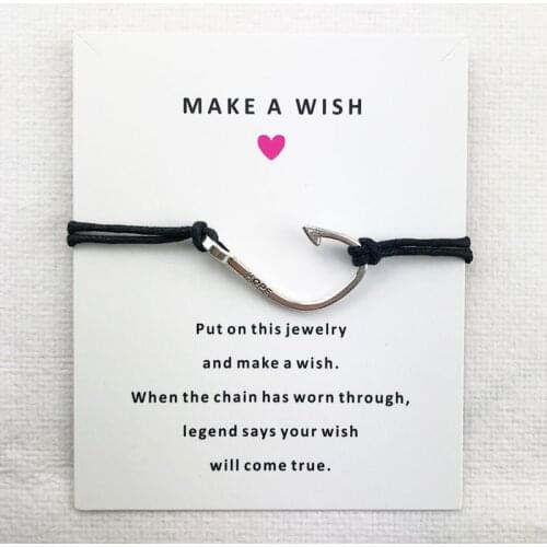 Antique Silver Plated Fishing Hook Hope Charms Cuff Multilayer Wax Rope Bracelets Women Men Unisex With Card Bracelet Jewelry