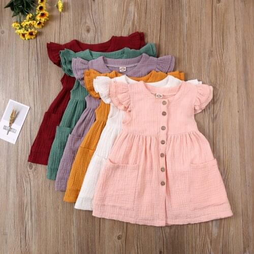 Kid Girls Fly Sleeve Round Neck Solid Color Dress Summer Fashion Dress for Toddlers Girls