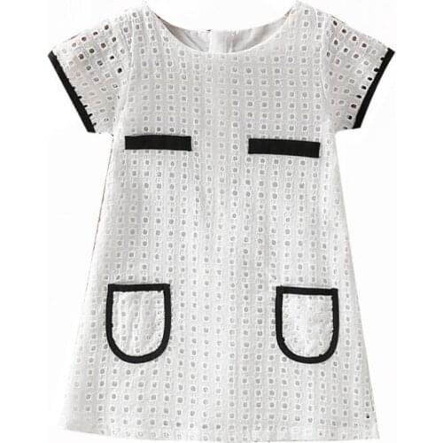 Kids Dresses For Girls Summer 100% Cotton Round Neck Black And White Hollow-Out Dress 2-6 Years Children Princess Dresses