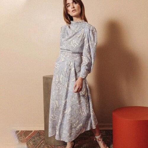 Elegant Dress femme Round Collar Floral Print Puff Sleeve robe longue High Waist Loose Long Robe Retro Chic Jupe Women