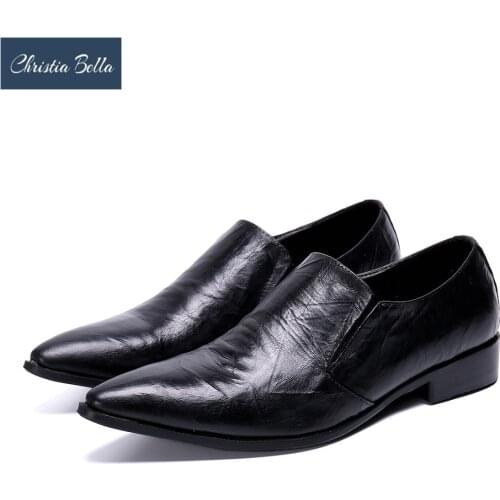 Christia Bella Classic Black Men Genuine Leather Shoes Wedding Prom Formal Dress Shoes Men Solid Pointed Toe Leather Shoes