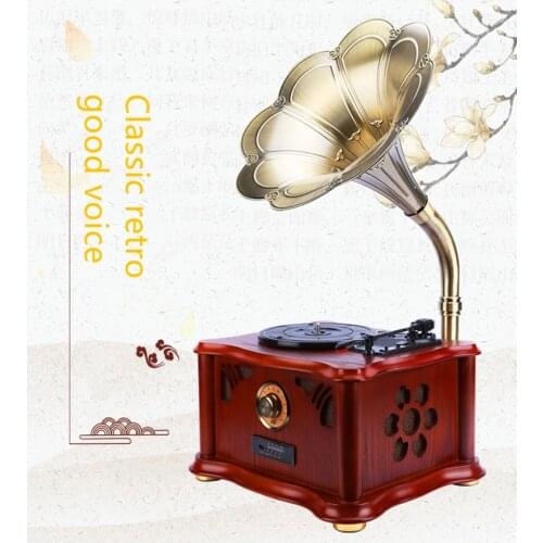 Classic retro solid wood record player vinyl gramophone big horn subwoofer speaker bluetooth audio records FM radio HiFi music