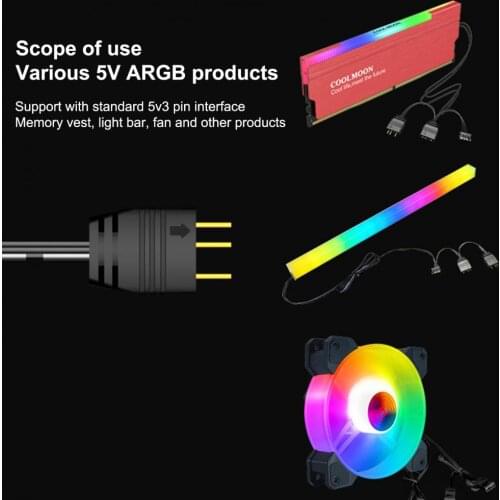 Lightweight COOLMOON Excellent 1 to 4 Mainboard ARGB Splitter Cable Black ARGB Extension Cable 5V 3 Pin for Office