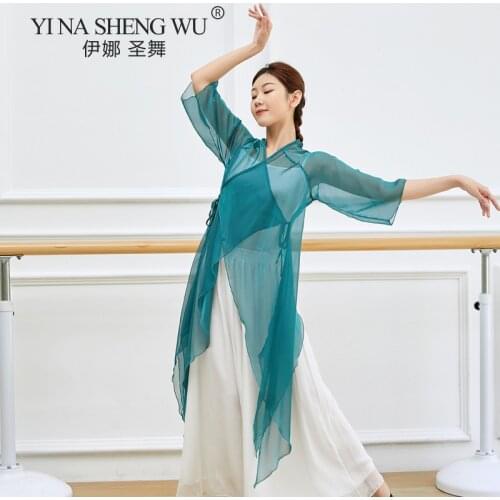 Hot Sell Classical Dance Costume One Piece Flowing Dress Cheongsam Design Light Weight Gauze Irregular Tops Performance Blouse