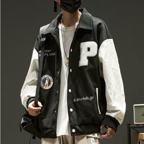 Pattern applique baseball uniform jacket male PU leather sleeve retro loose letter embroidery pilot couple casual jacket