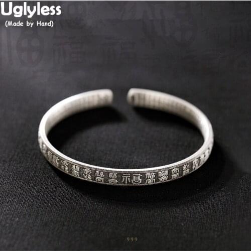 Uglyless Exotic China Chic 100 FU Blessing Bangles for Women Solid 99.9% Full Silver Heart Sutra Open Bangles Buddhism Bracelets