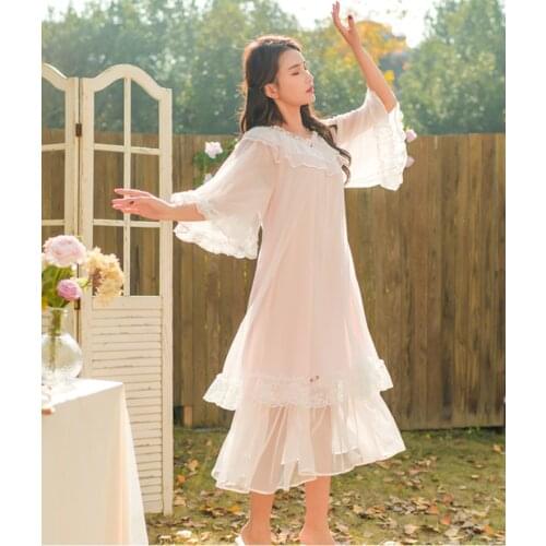Sleeved Nightgowns Long Dress Lace Sleepshirts Bow Sleepwear Princess Home Night Dress Women Dresses