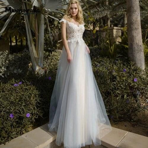 High-End Cap Sleeve Embroidery Appliques Tulle Court Train A-Line Wedding Dress Custom Made Button Back O-Neck Bridal Gown